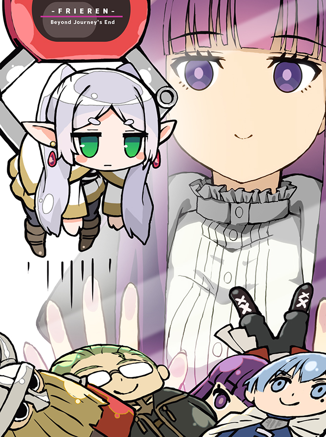 beard blue_eyes blue_hair breasts cape capelet character_doll commentary_request copyright_name crane_game doll earrings eisen_(sousou_no_frieren) facial_hair fake_horns fern_(sousou_no_frieren) frieren green_eyes green_hair grey_cape grey_hair heiter helmet himmel_(sousou_no_frieren) horned_helmet horns jewelry kubota_masaki medium_breasts mole mole_under_eye pointy_ears purple_eyes purple_hair sousou_no_frieren stark_(sousou_no_frieren) teardrop_earrings twintails white_capelet