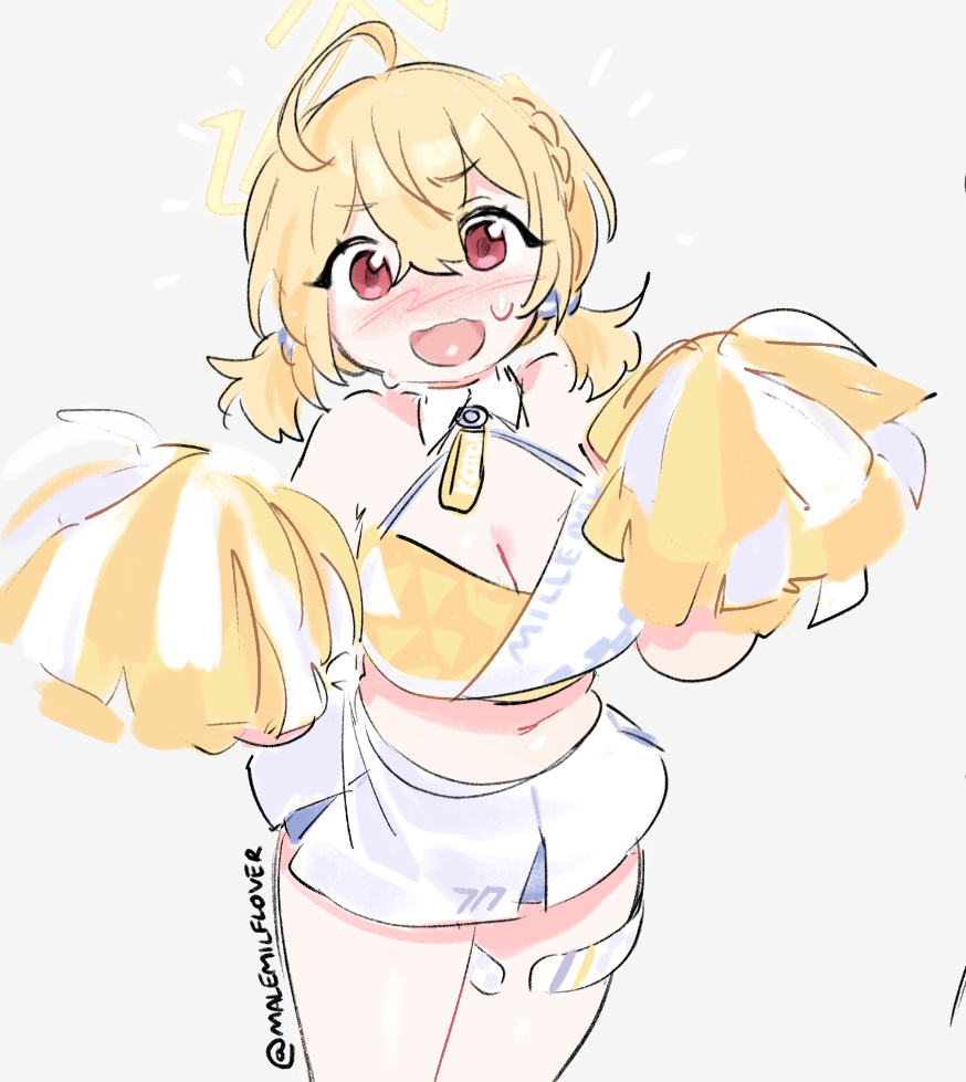 1girl blue_archive breasts cheerleader halo holding holding_pom_poms kotori_(blue_archive) kotori_(cheer_squad)_(blue_archive) large_breasts millennium_cheerleader_outfit_(blue_archive) navel pom_pom_(cheerleading) pom_poms skirt sweatdrop tnso