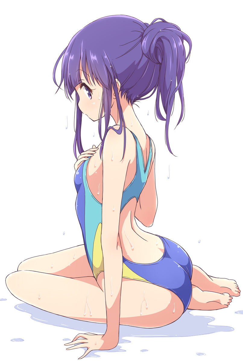 1girl arm_support ass barefoot blue_one-piece_swimsuit breasts commentary_request competition_swimsuit from_behind hair_between_eyes hand_on_own_chest highres hinata_yukari looking_at_viewer looking_back mel_(melty_pot) one-piece_swimsuit profile purple_eyes purple_hair racerback simple_background sitting small_breasts solo swimsuit white_background yokozuwari yuyushiki