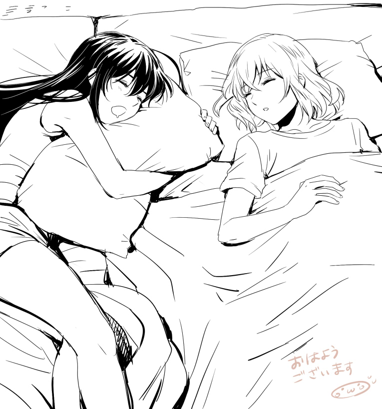 10s 2boys drooling closed_eyes greyscale hair_down honebami_toushirou long_hair male_focus mizuhara_aki monochrome multiple_boys namazuo_toushirou hugging_object open_mouth pillow pillow_hug sleeping touken_ranbu under_covers very_long_hair