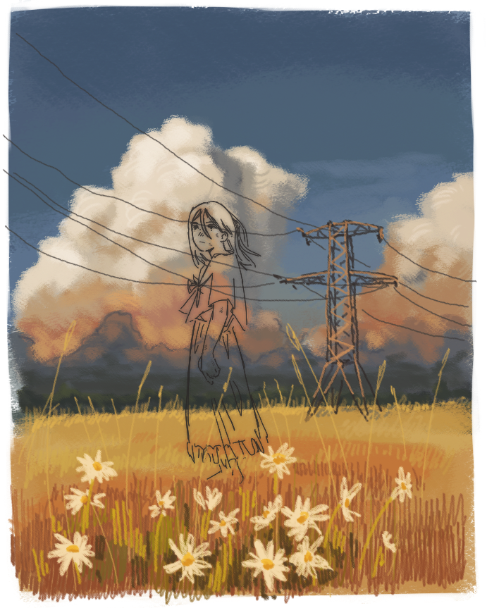 1girl border cloud cloudy_sky daisy_(flower) dress flower landscape lineart looking_up medium_hair original power_lines rural scenery sky solo standing transmission_tower white_border white_flower zalupos671