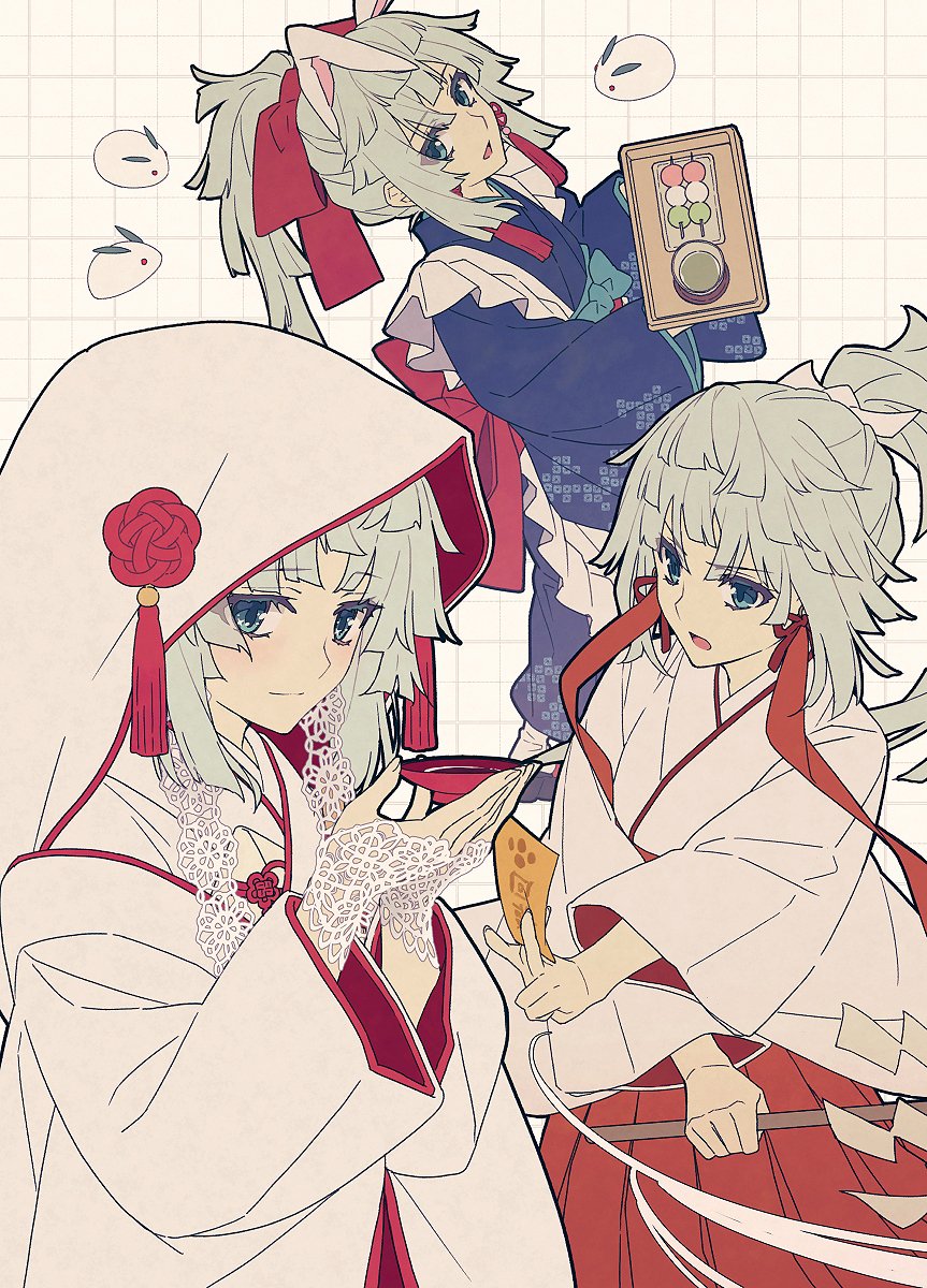 amulet animal_ears apron aqua_hair blue_eyes cup dango fate/samurai_remnant fate_(series) food from_above gohei green_tea hair_ribbon highres holding holding_cup holding_gohei japanese_clothes kimono long_hair looking_at_viewer looking_to_the_side ponytail rabbit rabbit_ears red_eyes red_ribbon ribbon saipaco sakazuki sandals sidelocks smile tabi tea tray uchikake wagashi white_ribbon wide_sleeves yui_shousetsu_(fate) zouri