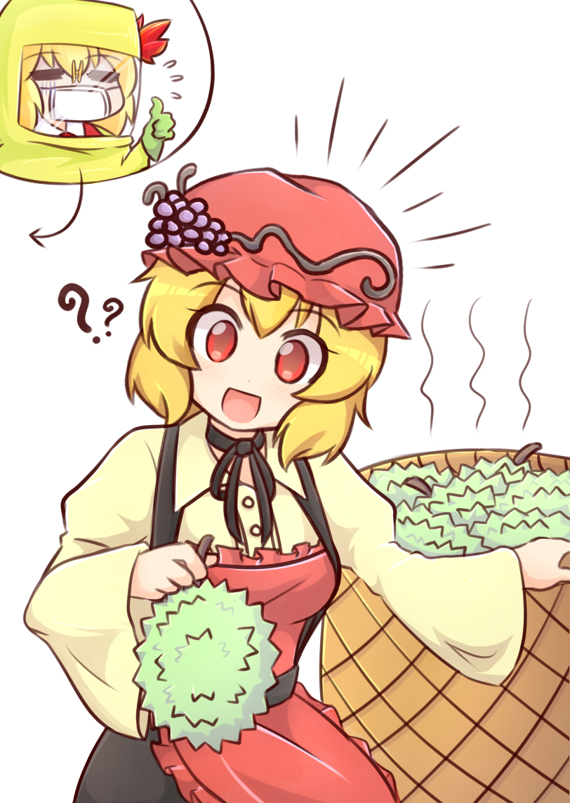 2girls :d =_= ? aki_minoriko aki_shizuha arrow_(symbol) blonde_hair dress durian flying_sweatdrops food fruit grapes hat hazmat_suit mask mouth_mask multiple_girls open_mouth red_eyes short_hair smile surgical_mask thumbs_up touhou turn_pale wide_sleeves wool_(miwol)