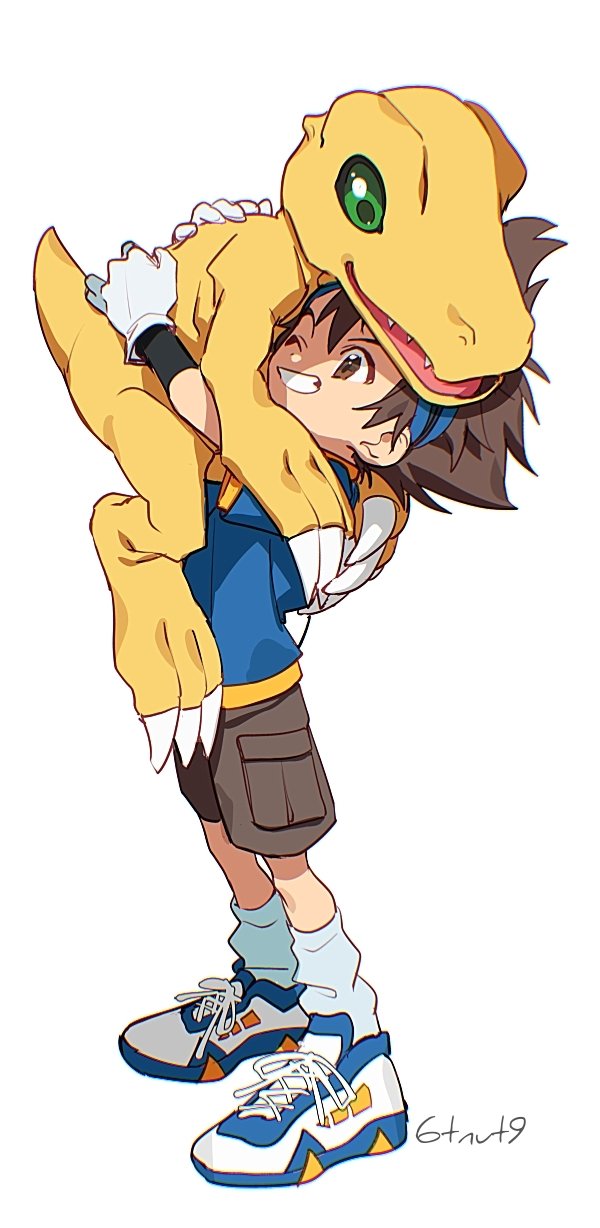 1boy 6tnut9 agumon artist_name blue_shirt brown_eyes brown_hair brown_shorts claws colored_skin digimon digimon_adventure full_body gloves green_eyes highres medium_hair one_eye_closed orange_skin sharp_teeth shirt shorts simple_background spiked_hair teeth white_background white_gloves yagami_taichi