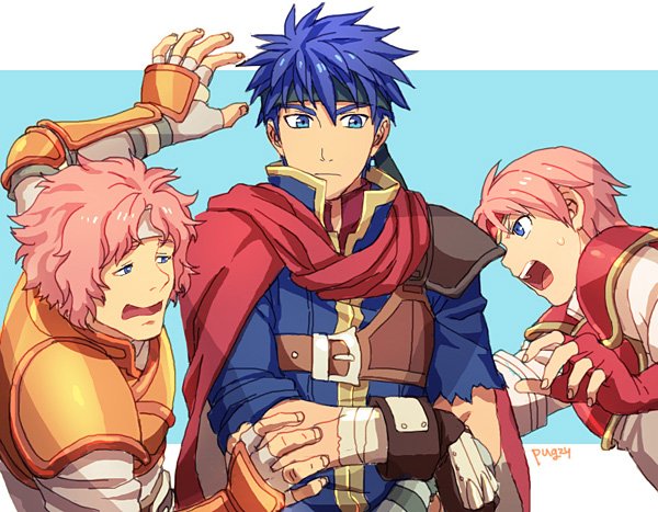 1girl 2boys angry arm_up armor bad_id bad_twitter_id bandaged_arm bandages black_headband blue_background blue_eyes blue_hair brother_and_sister cape closed_mouth crossed_arms eye_contact fingerless_gloves fire_emblem fire_emblem:_path_of_radiance gloves hair_between_eyes headband ike_(fire_emblem) knight looking_at_another makalov_(fire_emblem) marcia_(fire_emblem) matching_hair/eyes multiple_boys nervous nintendo open_mouth orange_armor pauldrons pegasus_knight_uniform_(fire_emblem) pink_hair red_armor red_cape red_gloves red_tiara round_teeth sandwiched scared serious shoulder_armor shouting siblings simple_background sweat teeth tiara upper_body white_headband