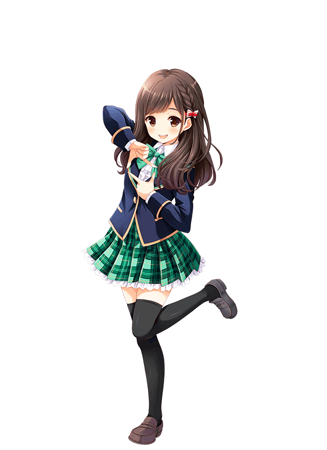 1girl black_thighhighs bow bowtie brown_eyes brown_hair full_body girlfriend_(kari) hashimoto_kanna long_hair official_art plaid_clothes plaid_skirt pleated_skirt qp:flapper school_uniform skirt smile thighhighs transparent_background white_background