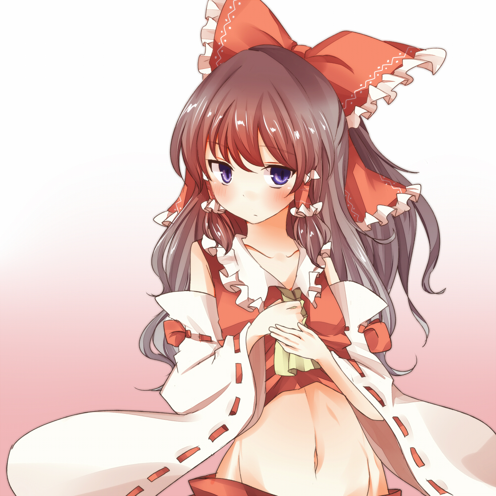1girl ascot bad_id bad_pixiv_id bare_shoulders black_hair blush bow detached_sleeves female_focus groin hair_bow hair_tubes hakurei_reimu japanese_clothes long_hair midriff miko navel pasutel purple_eyes revision solo touhou upper_body