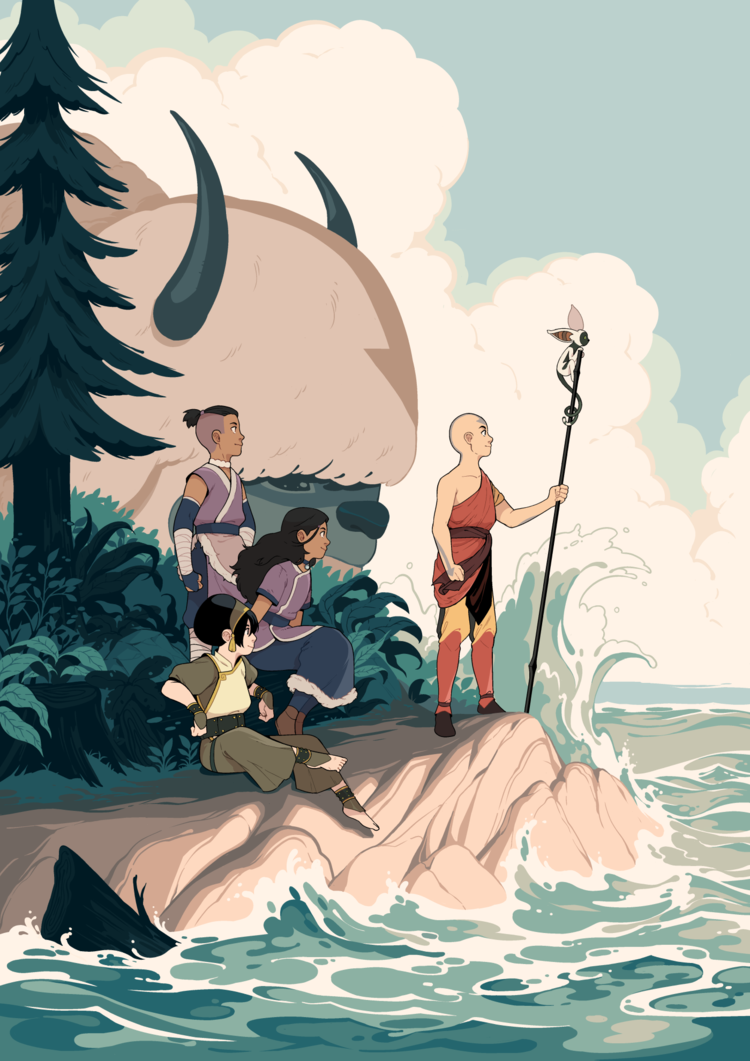 2boys 2girls aang aluhnim animal appa arm_tattoo arm_up avatar:_the_last_airbender avatar_legends bald barefoot bison black_hair clenched_hand cloud cloudy_sky dark_skin facial_tattoo holding holding_pole katara lemur long_hair looking_ahead momo_(avatar) multiple_boys multiple_girls ocean oversized_animal pole purple_shirt shirt short_sleeves sitting sky sleeveless sleeveless_shirt smile sokka standing tattoo toph_beifong topknot tree waving