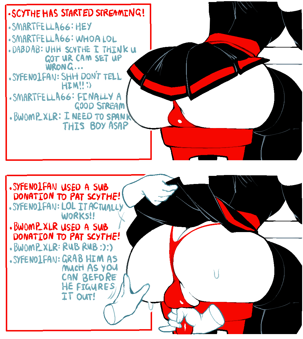 1boy ass ass_focus ass_grab bulge disembodied_hand dizzyspells english_text handjob handjob_over_clothes huge_ass male_focus milking milking_handjob panties penis scythe_(dizzyspells) sitting solo_focus thighhighs thong trap tucked_penis underwear upskirt