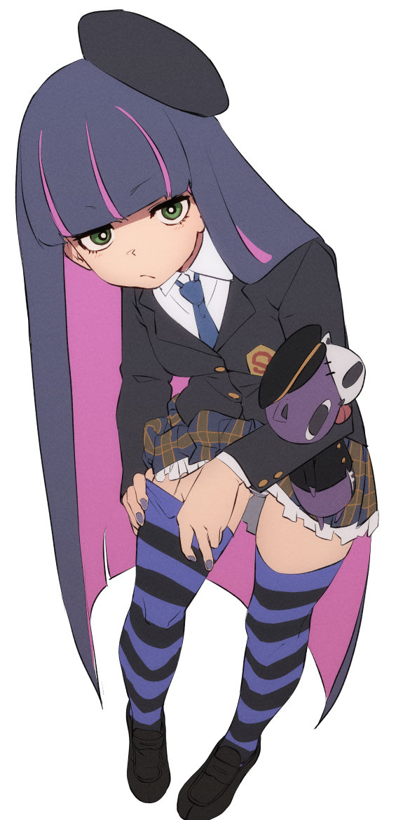 1girl adjusting_clothes adjusting_legwear beret black_hat black_jacket black_shoes blue_hair blue_nails blue_necktie blunt_bangs breasts bright_pupils buttons closed_mouth collared_shirt colored_inner_hair dark_blue_hair fingernails flat_color frilled_skirt frills frown fu-ta green_eyes hat honekoneko_(psg) jacket legs_apart loafers long_hair long_sleeves medium_breasts miniskirt multicolored_hair nail_polish necktie panties panty_&amp;_stocking_with_garterbelt pink_hair plaid_clothes plaid_skirt pleated_skirt shirt shoes simple_background skirt solo standing stocking_(psg) striped_clothes striped_panties stuffed_animal stuffed_cat stuffed_toy thighhighs two-tone_hair underwear very_long_hair white_background white_pupils white_shirt zettai_ryouiki