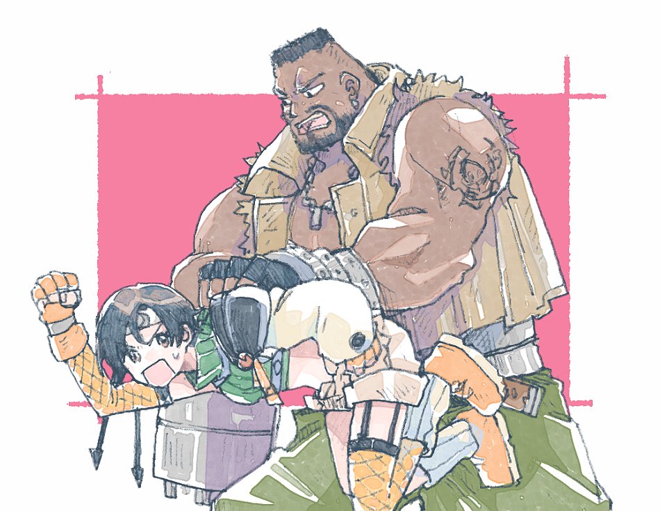 1boy 1girl armor asymmetrical_legwear barret_wallace beard black_hair border breasts brown_eyes brown_vest clenched_hand crop_top dark-skinned_male dark_skin dog_tags facial_hair final_fantasy final_fantasy_vii fishnet_armwear gloves green_pants green_shirt loose_socks medium_breasts michibata_65 muscular muscular_male open_mouth orange_gloves orange_shoes pants pink_background shirt shoes short_hair shorts shoulder_armor shoulder_tattoo single_fishnet_legwear single_shoulder_pad sleeveless sleeveless_turtleneck sneakers socks sweatdrop tattoo torn_clothes torn_sleeves turtleneck very_short_hair vest white_border yellow_shorts yuffie_kisaragi
