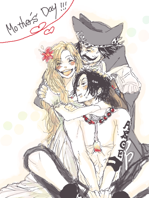 1girl 2boys arm_tattoo blonde_hair coat commentary english_commentary epaulettes facial_hair family flower freckles gol_d._roger hair_flower hair_ornament hat hug jewelry kaoru. mother&#039;s_day multiple_boys mustache necklace one_piece open_mouth pearl_necklace pirate_hat portgas_d._ace portgas_d._rouge puffy_short_sleeves puffy_sleeves short_sleeves smile spot_color tattoo topless_male
