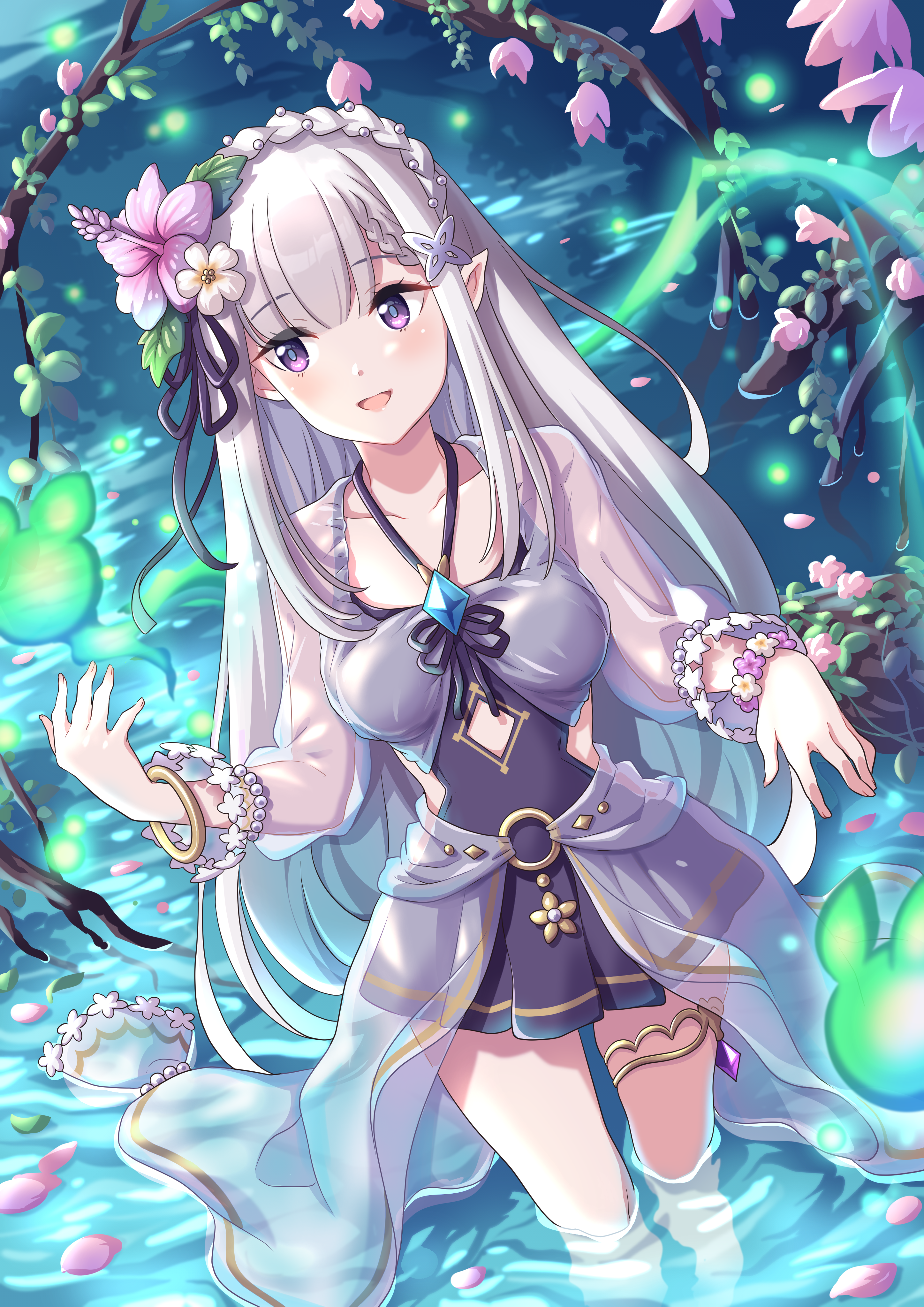 1girl absurdres bead_bracelet beads blue_gemstone blue_one-piece_swimsuit bracelet braid breasts crown_braid elf emilia_(re:zero) flower flower_bracelet gem gold_bracelet hair_flower hair_ornament hair_ribbon halterneck highres jewelry layered_swimsuit long_hair looking_to_the_side medium_breasts o-ring one-piece_swimsuit open_mouth pink_flower pointy_ears princess_connect! purple_eyes purple_gemstone purple_ribbon re:zero_kara_hajimeru_isekai_seikatsu ribbon see-through_clothes see-through_sleeves sidelocks smile solo straight_hair swimsuit swimsuit_skirt thigh_strap tsukachii wading water white_flower white_hair