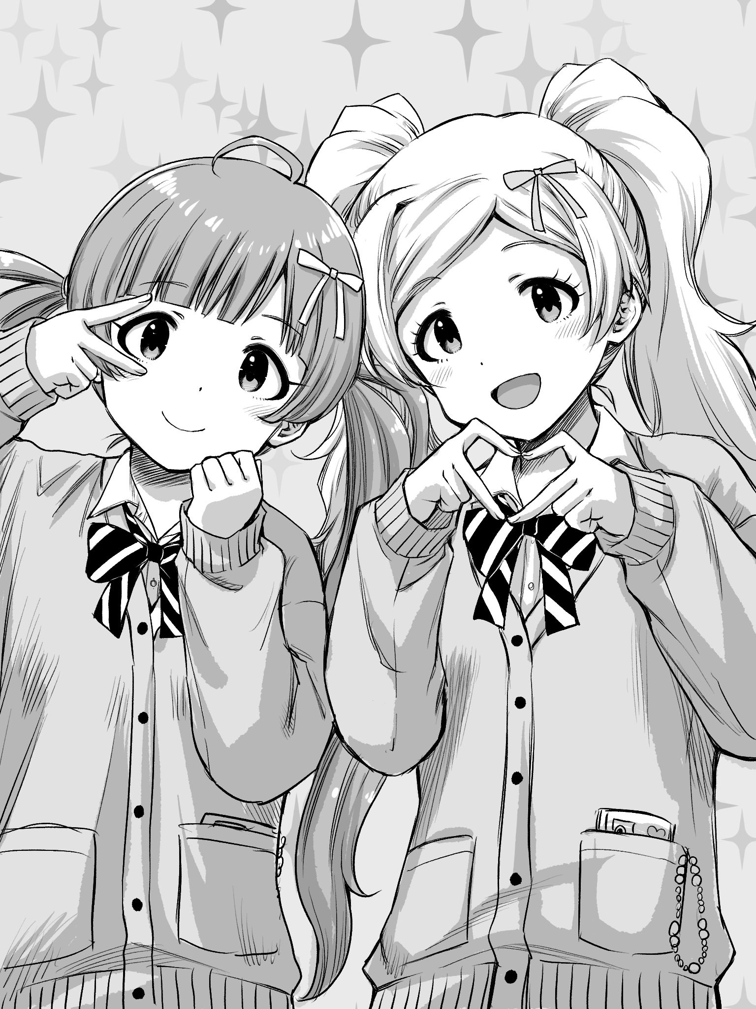 2girls ahoge blunt_bangs blush bow bowtie buttons closed_mouth collared_shirt dot_nose emily_stewart eyelashes fluffy greyscale gyaru hair_ribbon hakozaki_serika heart heart_hands highres idolmaster idolmaster_million_live! idolmaster_million_live!_theater_days long_hair long_sleeves looking_at_viewer matcha_kingyo monochrome multiple_girls open_mouth parted_bangs pocket ribbon shirt sidelocks smile sparkle striped_bow striped_bowtie striped_clothes sweater twintails upper_body v very_long_hair wavy_hair