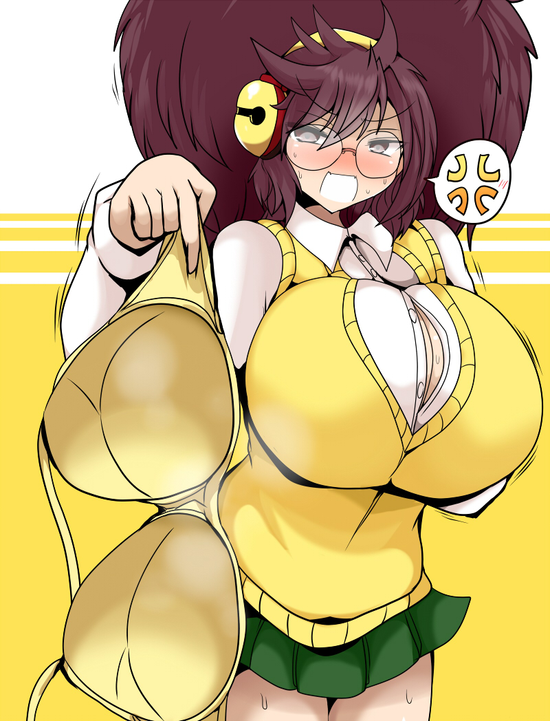 1girl anger_vein annoyed blush bombergirl bra breasts brown_eyes brown_hair cowboy_shot frown glasses green_skirt hair_between_eyes headphones huge_breasts long_hair long_sleeves looking_at_viewer multicolored_background open_mouth pleated_skirt school_uniform shirt simple_background skirt socks solo spoken_anger_vein sweat sweater_vest taku_(yakumodaisuki) underwear urushi_(bombergirl) white_background white_shirt yellow_background yellow_bra yellow_headwear yellow_sweater_vest