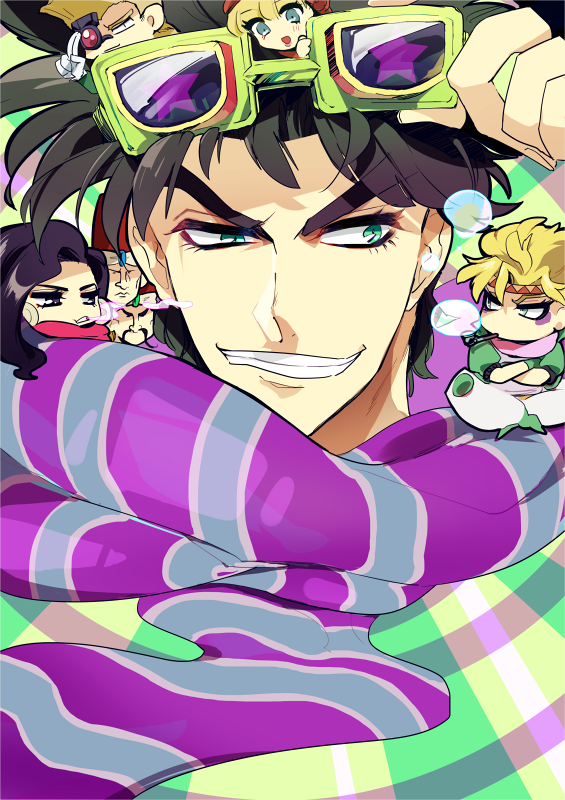 1boy bad_id black_hair bubble caesar_anthonio_zeppeli fingerless_gloves gloves goggles goggles_on_head green_eyes grin jojo_no_kimyou_na_bouken joseph_joestar joseph_joestar_(young) lisa_lisa loggins_(jojo) mapi messina_(jojo) rudolph_von_stroheim scarf smile striped_clothes striped_scarf suzi_q