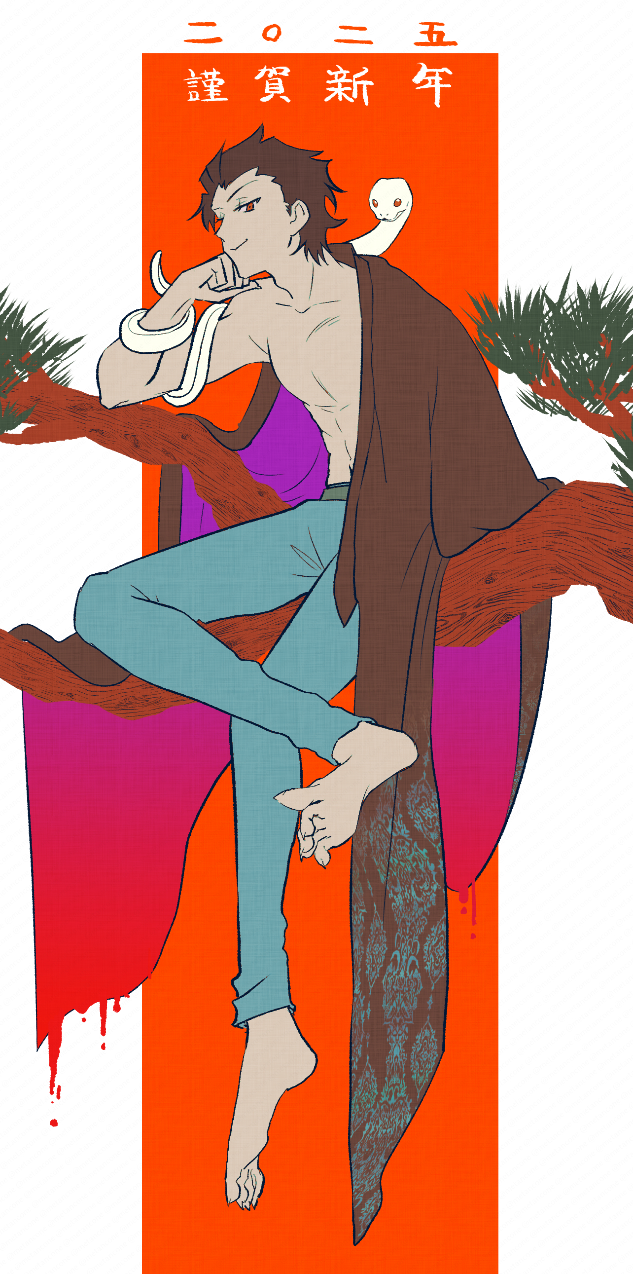 1boy abs absurdres bare_pectorals bare_shoulders barefoot black_hair branch chinese_zodiac hair_slicked_back hand_on_own_chin highres japanese_clothes kimono looking_at_viewer male_focus metarogu michael_roa_valdamjong pants pectorals red_eyes sitting_on_branch smile snake snake_wrapped_around_arm tree tsukihime tsukihime_(remake) white_snake year_of_the_snake
