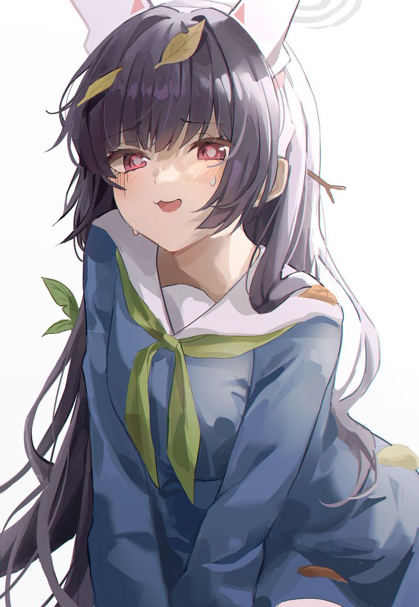 1girl :3 @_@ animal_ears bad_id bad_twitter_id black_hair blue_archive blue_shirt blush dasha fake_animal_ears green_necktie hair_intakes hairband halo highres leaf leaf_on_head long_hair long_sleeves miyu_(blue_archive) necktie open_mouth rabbit_ears raised_eyebrows red_eyes sailor_collar shirt solo sweat twig