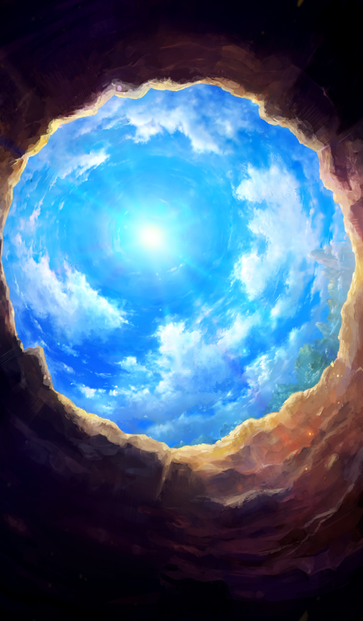 blue_sky cloud commentary day fate/grand_order fate_(series) light_rays no_humans official_art sakumamitsuro sky sky_focus still_life sunbeam sunlight third-party_source tree underground