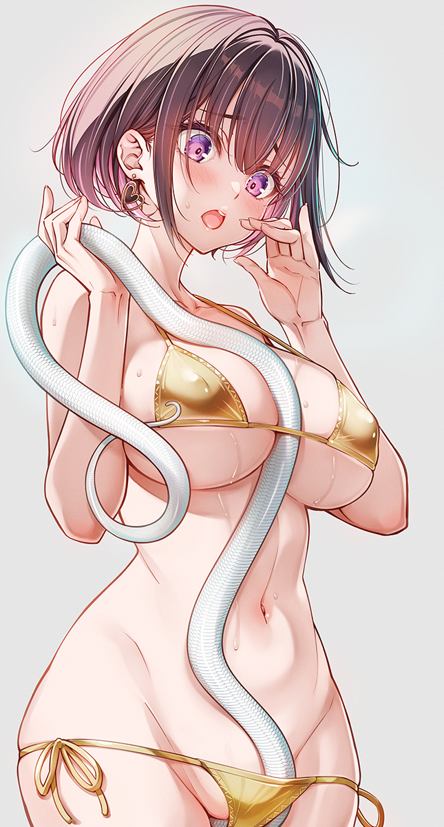 1girl animal bestiality bikini bob_cut breasts brown_hair chinese_zodiac commentary_request covered_erect_nipples earrings gold_bikini happy_new_year heart heart_earrings highres holding holding_animal holding_snake ikeda_yasuhiro jewelry large_breasts navel new_year original purple_eyes pussy_juice short_hair side-tie_bikini_bottom simple_background snake sweat swimsuit thighs white_background year_of_the_snake