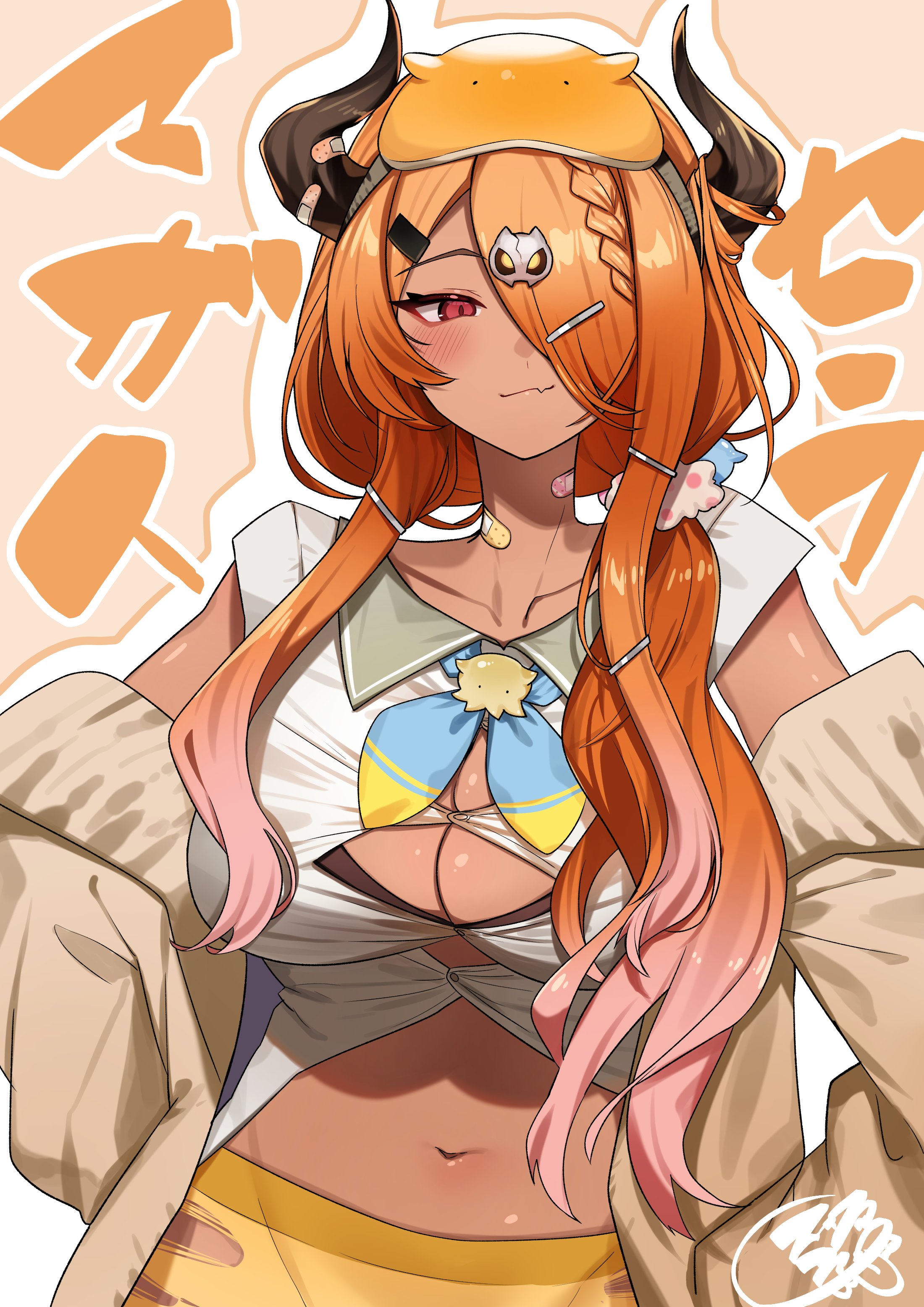 1girl absurdres bandaid bandaid_on_horn bandaid_on_neck black_horns blue_neckerchief blush braid breasts bursting_breasts cleavage closed_mouth collarbone gradient_hair hair_ornament hair_over_one_eye hairpin highres horns indie_virtual_youtuber large_breasts long_hair magato_sera mask mask_on_head midriff multicolored_hair navel neckerchief pink_hair red_eyes shadow signature sleep_mask solo sui_hi_sf tan virtual_youtuber