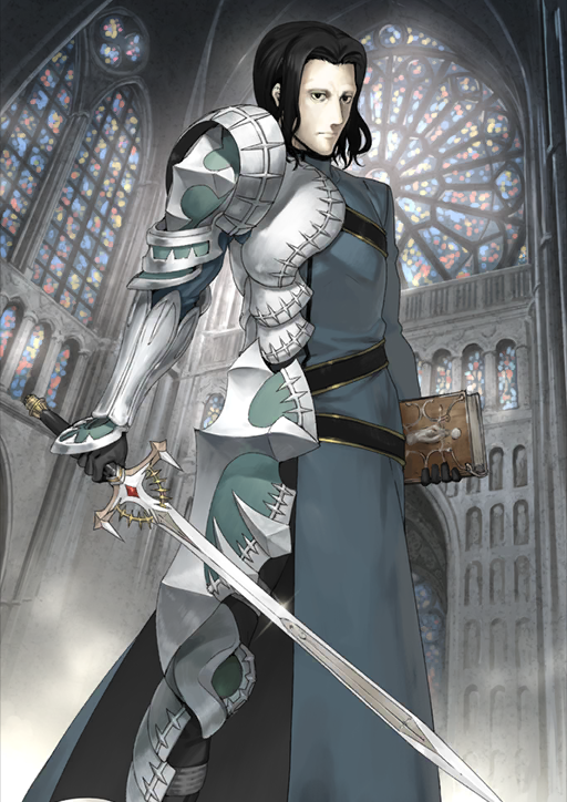 1boy armor black_eyes black_gloves black_hair book cassock church clenched_hand closed_mouth cross fate/grand_order fate_(series) feet_out_of_frame frown gilles_de_rais_(fate) gilles_de_rais_(saber)_(fate) gloves holding holding_book holding_sword holding_weapon indoors long_hair looking_at_viewer male_focus official_art parted_bangs pauldrons shinjirou shoulder_armor single_pauldron single_vambrace solo stained_glass standing sword third-party_source vambraces weapon white_armor window