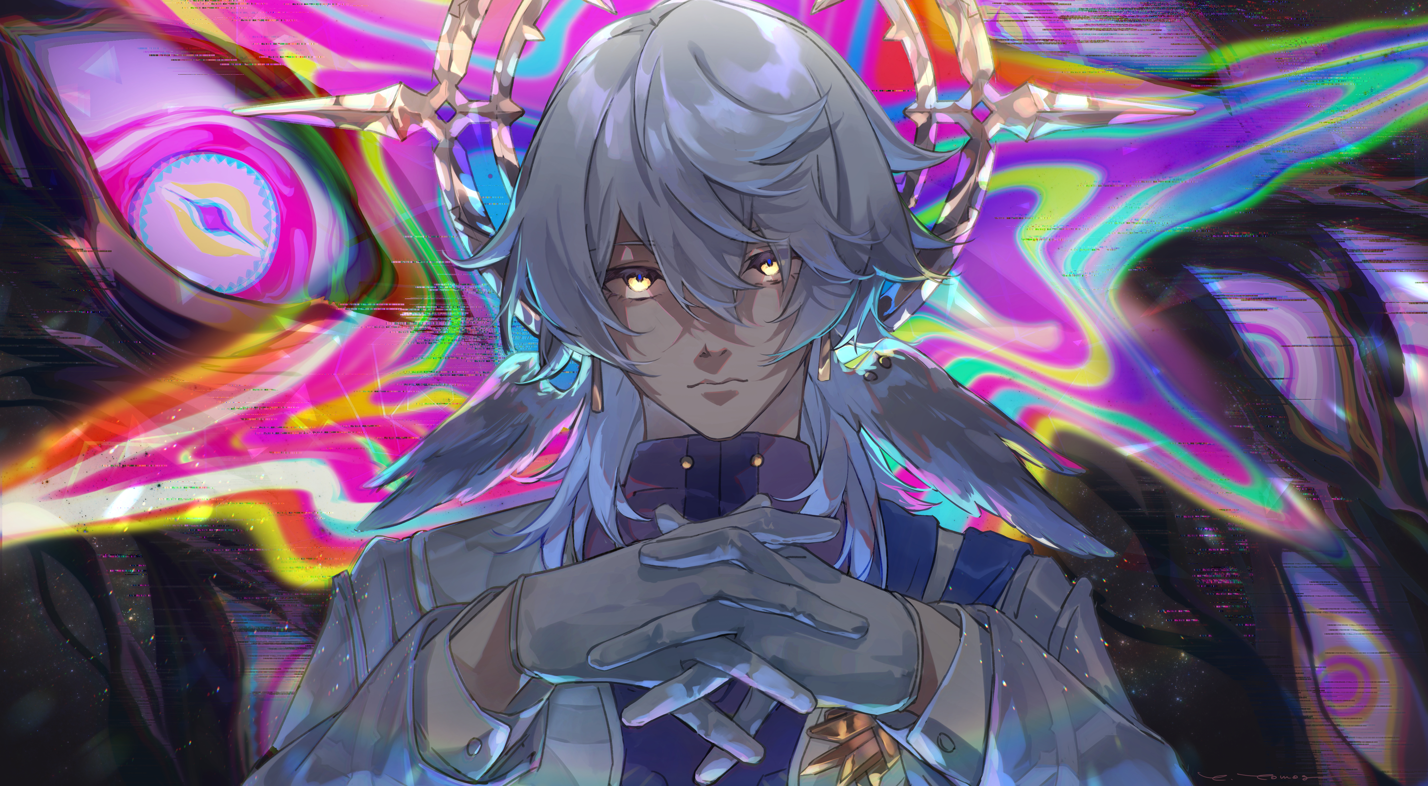 1boy absurdres blue_shirt closed_mouth collared_shirt earrings gloves grey_hair hair_between_eyes halo halo_behind_head head_wings highres honkai:_star_rail honkai_(series) interlocked_fingers jacket jewelry long_sleeves looking_at_viewer male_focus medium_hair open_clothes open_jacket piercing shirt solo sunday_(honkai:_star_rail) white_gloves white_jacket white_wings wing_piercing wings yama_ta_yomogi yellow_eyes