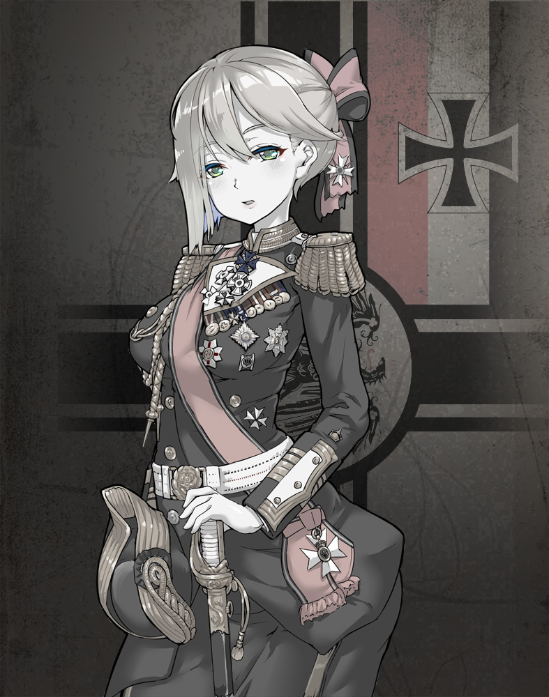 1girl belt blonde_hair bow cross dress_uniform epaulettes female_focus green_eyes hair_bow imperial_german_naval_ensign imperial_german_navy iron_cross medal military military_uniform original prussian_flag sash short_hair sirills solo sword weapon