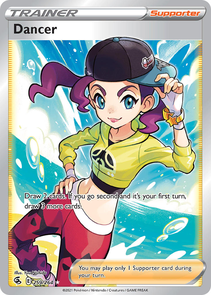 1girl :3 adjusting_clothes adjusting_headwear artist_name baseball_cap black_hat blue_eyes blue_sky bracelet card_(medium) character_name closed_mouth cloud company_name copyright_name copyright_notice crop_top dancer_(pokemon) day english_text eyelashes fingerless_gloves freckles gloves gold_bracelet hand_on_own_hip hat jewelry lips long_sleeves midriff navel nintendo nishida_yuu official_art pants pokemon pokemon_card pokemon_swsh pokemon_tcg purple_hair red_pants shirt sideways_hat sky smile third-party_source trading_card v-shaped_eyebrows water water_drop white_gloves yellow_shirt