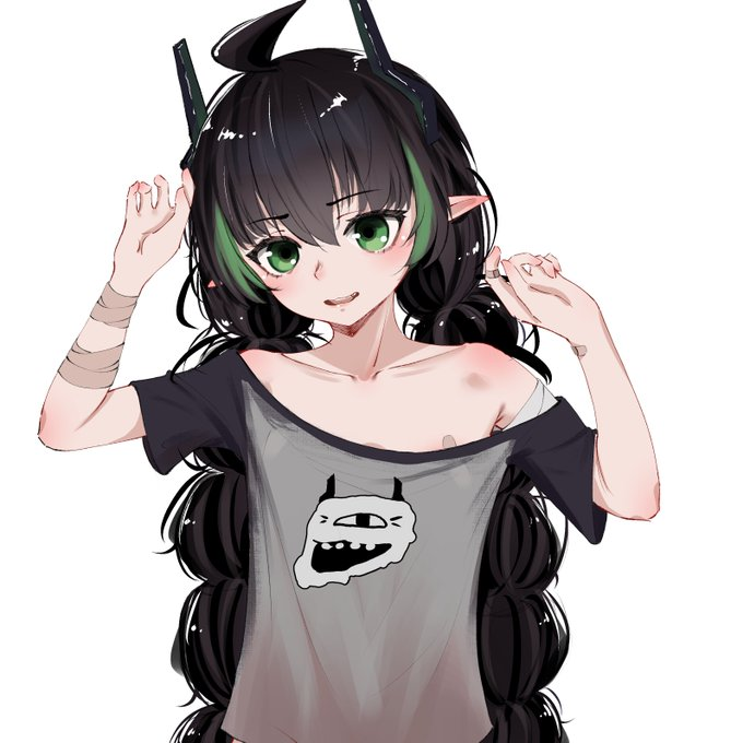 1girl ahoge babywipes bandaged_arm bandages black_horns braid commission elf elfinpsyop green_eyes green_hair grey_shirt horns indie_virtual_youtuber long_hair multicolored_hair pointy_ears second-party_source shirt simple_background solo streaked_hair twin_braids virtual_youtuber white_background