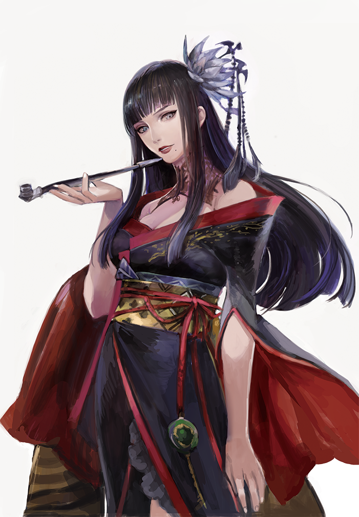 1girl arm_at_side bare_shoulders bat_hair_ornament black_collar black_hair black_kimono blue_eyes blunt_bangs breasts cleavage collar cowboy_shot epiphyllum eyeliner final_fantasy final_fantasy_xiv flower from_side hair_flower hair_ornament hand_up hime_cut holding holding_smoking_pipe hyur inrou japanese_clothes kimono kiseru lace_collar long_hair looking_at_viewer makeup mole mole_under_mouth obi obiage obijime off_shoulder parted_lips red_lips red_trim sash sidelocks simple_background smoking_pipe solo standing straight_hair tomatika white_background wide_sleeves yotsuyu_goe_brutus