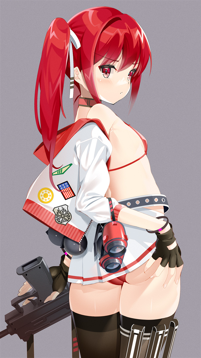 1girl ass belt bikini binoculars black_gloves black_thighhighs bow choker clothes_lift commentary_request cowboy_shot explosive fingerless_gloves from_behind gloves grenade grey_background gun hair_between_eyes hair_bow hair_ribbon highres holding holding_gun holding_weapon hood hooded_jacket jacket lifting_own_clothes long_hair looking_at_viewer looking_back machimura_komori machine_pistol micro_bikini midriff off_shoulder original pleated_skirt red_bikini red_eyes red_hair red_theme ribbon sidelocks simple_background skindentation skirt skirt_lift solo spread_ass submachine_gun swimsuit thighhighs trigger_discipline twintails uzi v-shaped_eyebrows weapon zettai_ryouiki