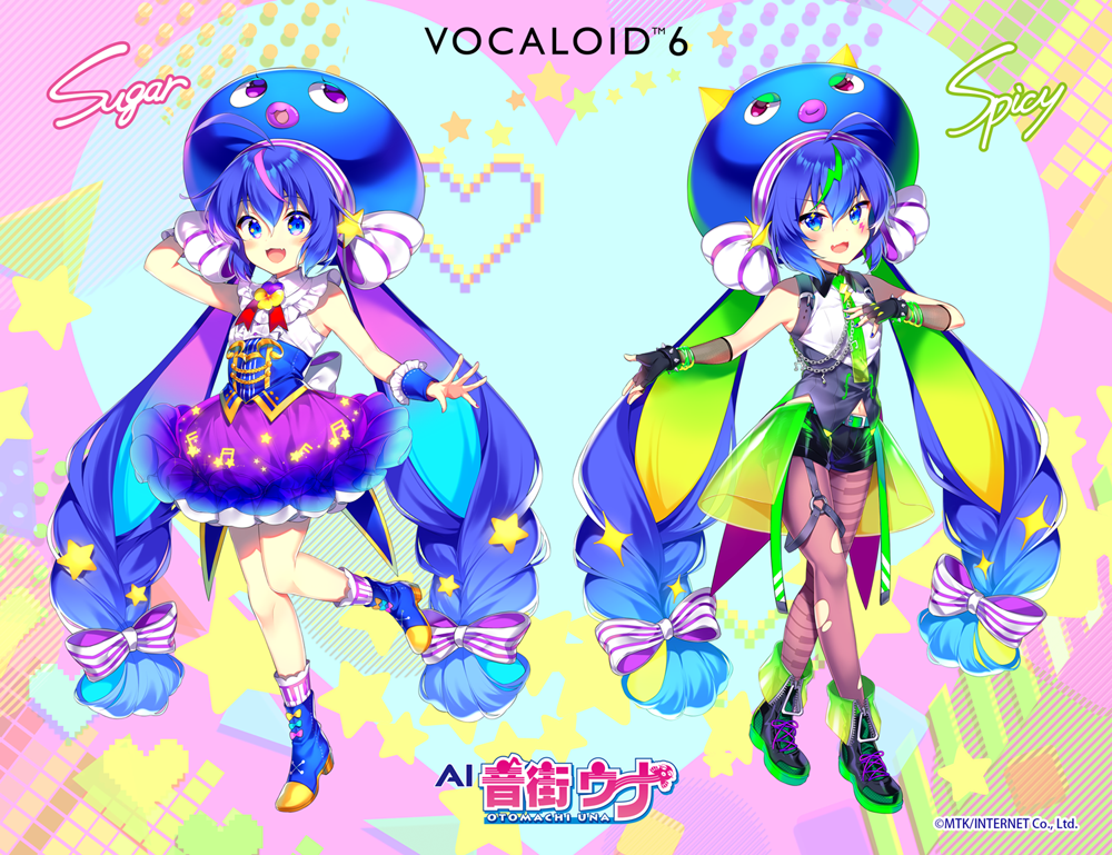 2girls :3 :d ahoge back_bow bare_shoulders belt black_gloves black_shorts blonde_hair blue_eyes blue_hair blue_headwear blue_nails blue_skirt blush bow bracelet center_frills chain character_name collared_shirt colored_inner_hair colorful copyright_name copyright_notice corset crossed_legs dual_persona eel_hat facial_mark fang fingerless_gloves fortissimo frills full_body gloves gradient_hair green_hair green_necktie hair_bow hair_ornament hand_on_own_chest heart jewelry kurisu_toshi large_hat leg_up lightning_bolt_symbol logo long_hair low-braided_long_hair low-tied_long_hair multicolored_hair multicolored_skirt multiple_belts multiple_girls musical_note musical_note_hair_ornament navel necktie official_art open_mouth otomachi_una otomachi_una_(spicy) otomachi_una_(sugar) otomachi_una_(vocaloid6_spicy) otomachi_una_(vocaloid6_sugar) pantyhose piano_print pink_nails purple_hair purple_nails purple_skirt shirt shoes shorts skin_fang skirt sleeveless smile sneakers spiked_bracelet spikes star_(symbol) star_hair_ornament star_print streaked_hair striped_bow torn_clothes torn_pantyhose twintails very_long_hair vocaloid watson_cross
