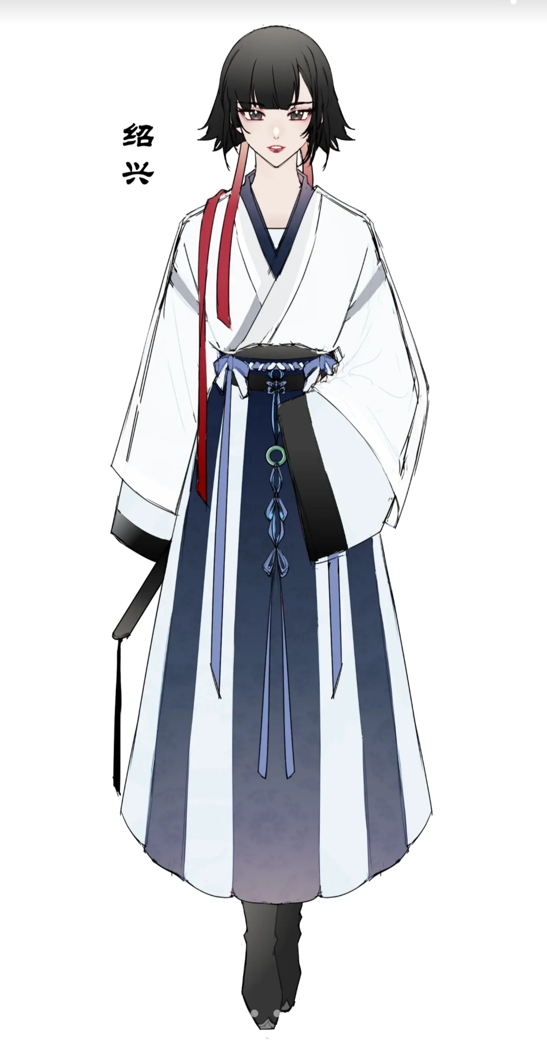 1girl black_footwear black_hair chinese_clothes earrings gradient_background hanfu highres jade_pendant jewelry jiaoling_ruqun long_sleeves looking_at_viewer qiushiri short_hair simple_background skirt sleeves_past_fingers sleeves_past_wrists solo standing white_background wide_sleeves zoom_layer