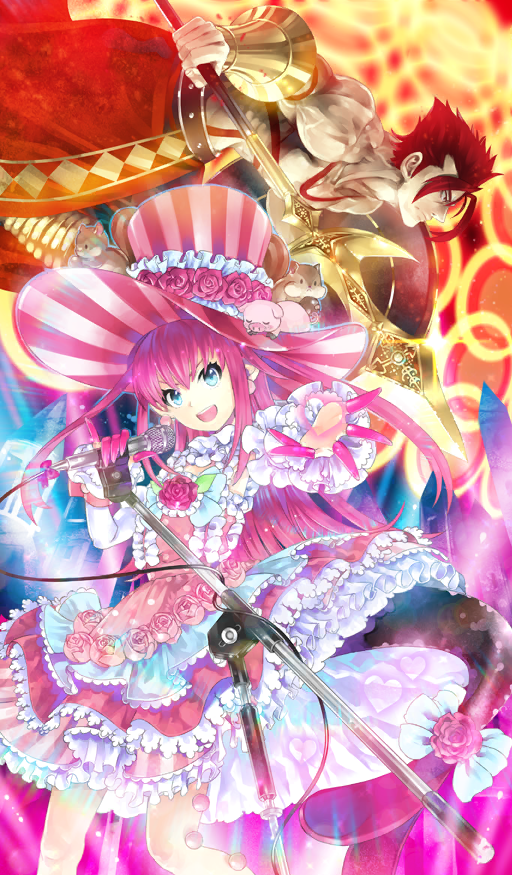 1boy 1girl :d black_tail blue_eyes bracer closed_mouth craft_essence_(fate) detached_sleeves dragon_tail dress dress_flower earrings elizabeth_bathory_(fate) elizabeth_bathory_(third_ascension)_(fate) fate/grand_order fate_(series) flower flower_on_chest frilled_dress frills frown full-body_tattoo gold_bracer hat hat_flower heart holding holding_polearm holding_weapon jewelry kei_(keigarou) leonidas_(fate) long_hair long_sleeves microphone microphone_stand official_art open_mouth outstretched_arm outstretched_hand pig pink_dress pink_flower pink_hair pink_rose polearm red_eyes red_hair rose round_teeth short_hair smile spear squirrel striped_clothes striped_headwear tail tail_flower tail_ornament tattoo teeth third-party_source top_hat topless_male upper_teeth_only vertical-striped_clothes vertical-striped_headwear weapon white_sleeves