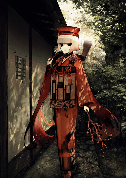 1girl albino_(a1b1n0623) arm_at_side black_eyes blunt_bangs blunt_ends branch chinese_knot closed_mouth disembodied_hand expressionless fate/grand_order fate_(series) folded_fan folding_fan full_body game_cg hand_fan hand_up hat holding holding_branch holding_fan japanese_clothes kimono long_sleeves looking_at_viewer official_art red_hat red_kimono sen_no_rikyu_(fate) sen_no_rikyu_(first_ascension)_(fate) short_hair solo standing straight_hair tassel third-party_source variant_set white_hair wide_sleeves