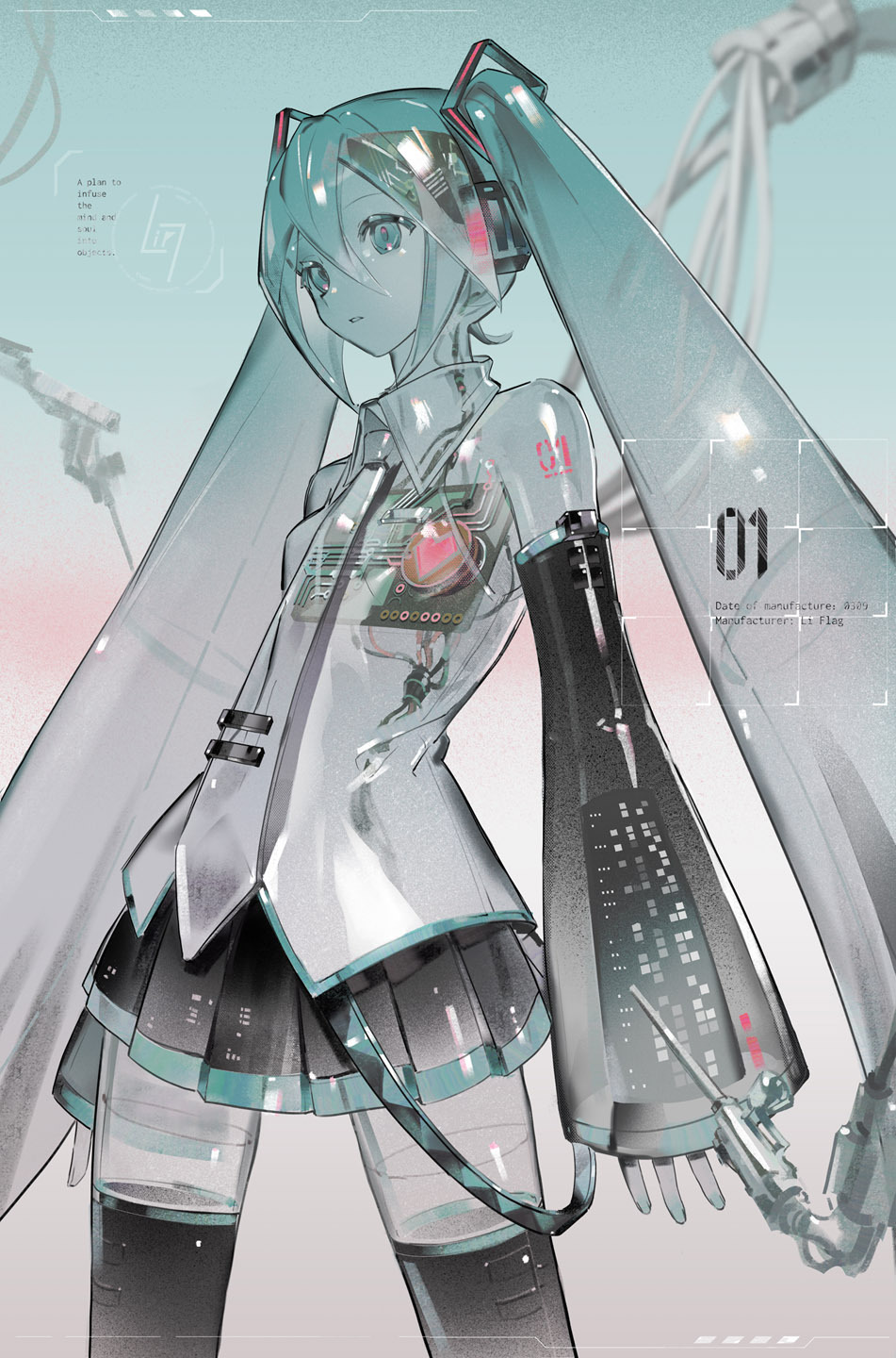 1girl android aqua_background aqua_eyes aqua_nails arm_tattoo arms_at_sides artist_name bare_shoulders black_skirt black_sleeves black_thighhighs cable chinese_commentary collared_shirt commentary_request cowboy_shot dated detached_sleeves double-parted_bangs dress english_text expressionless fingernails gradient_background grey_background grey_necktie grey_shirt hair_between_eyes hatsune_miku headphones heart highres legs_apart lirseven long_hair looking_ahead machine mechabare miku_day miniskirt motherboard nail_polish necktie number_tattoo parted_lips pink_background pleated_dress red_tattoo see-through_body see-through_clothes see-through_shirt shirt skirt sleeveless sleeveless_shirt sleeves_past_wrists solo standing sway_back tattoo thighhighs tie_clip translucent_hair twintails untucked_shirt very_long_hair vocaloid vocaloid_boxart_pose wing_collar x-ray zettai_ryouiki