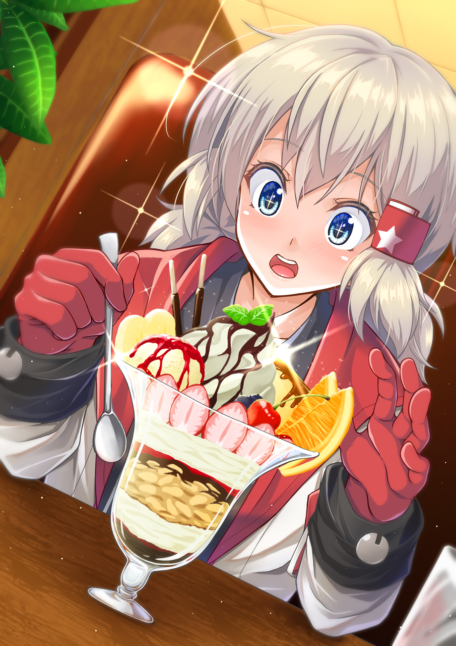 +_+ 1girl azur_lane black_dress blue_eyes cherry coat commentary_request commission couch cup denver_(azur_lane) dessert dress food fruit gekato glint gloves hair_between_eyes hair_ornament highres holding holding_spoon hood hood_down hooded_coat ice_cream indoors long_sleeves looking_at_food low_twintails medium_hair open_clothes open_coat open_mouth orange_(fruit) parfait pudding red_gloves short_twintails sidelocks silver_hair sitting skeb_commission solo sparkle spoon strawberry teeth twintails upper_body upper_teeth_only whipped_cream white_coat