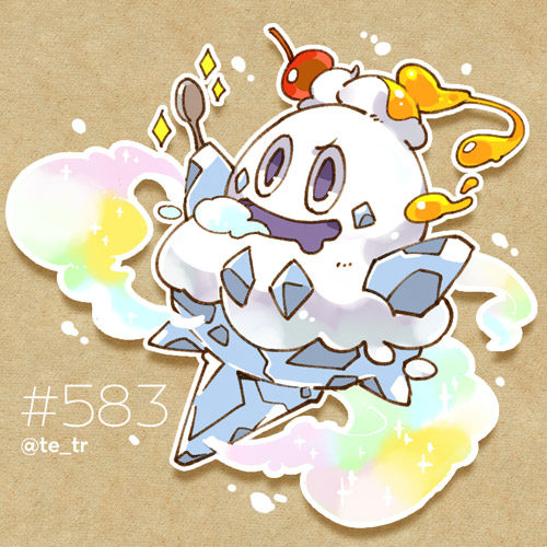 brown_background cherry food fruit full_body gen_5_pokemon honey lowres nintendo no_humans open_mouth pokedex_number pokemon pokemon_(creature) solo sparkle spoon tetori vanillish