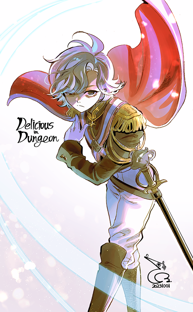 1boy bae_(baebae) bags_under_eyes black_eyes boots bowing cape copyright_name dungeon_meshi elf epaulettes feet_out_of_frame floating_cape floating_hair gloves grey_background grey_hair hand_on_own_chest jacket lazy_eye leaning_forward looking_at_viewer male_focus military military_jacket military_uniform mithrun notched_ear pants partially_shaded_face pointy_ears red_cape short_hair signature simple_background solo sword uneven_eyes wavy_hair weapon