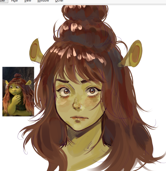 1girl brown_eyes brown_hair colored_skin felicia_(shrek) flopartist_r green_skin long_hair looking_at_viewer nose_piercing nose_ring ogre piercing portrait reference_inset shrek_(series) shrek_5 simple_background solo white_background