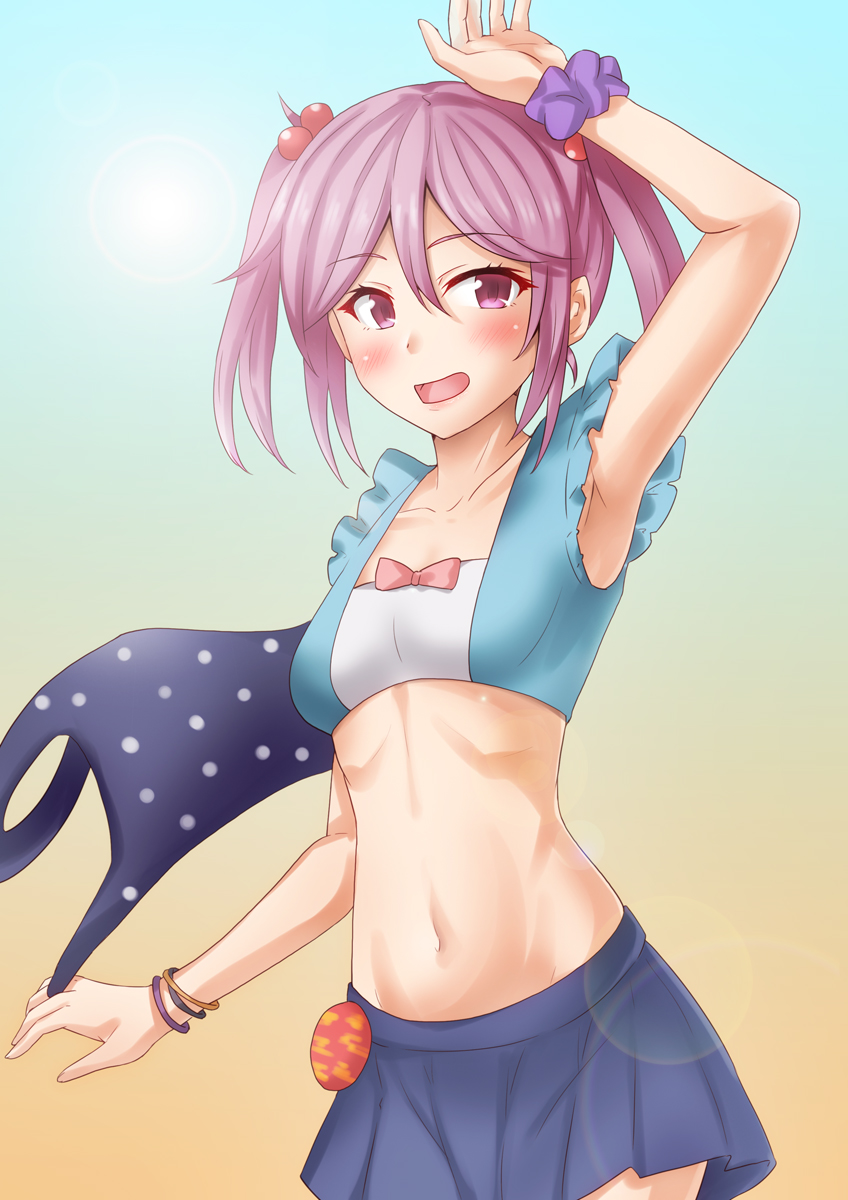 1girl anti_(untea9) aqua_background bell bikini bikini_under_clothes blue_bikini blue_skirt blush bracelet breasts clothes_theft collarbone cowboy_shot frilled_bikini frills gradient_background hair_bell hair_bobbles hair_ornament highres jewelry kantai_collection looking_at_viewer one-piece_swimsuit open_mouth pink_eyes pink_hair polka_dot polka_dot_swimsuit sazanami_(kancolle) sazanami_(swimsuit)_(kancolle) scrunchie short_hair skirt small_breasts smile solo swimsuit swimsuit_theft swimsuit_under_clothes theft twintails wrist_scrunchie yellow_background