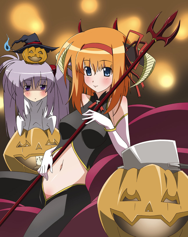 00s 2girls blue_eyes blush food-themed_hair_ornament fuyou_kaede hair_ornament hair_ribbon hairband halloween hat horns jack-o&#039;-lantern multiple_girls orange_hair paopa_ship primula pumpkin pumpkin_hair_ornament purple_eyes purple_hair ribbon shuffle! witch_hat