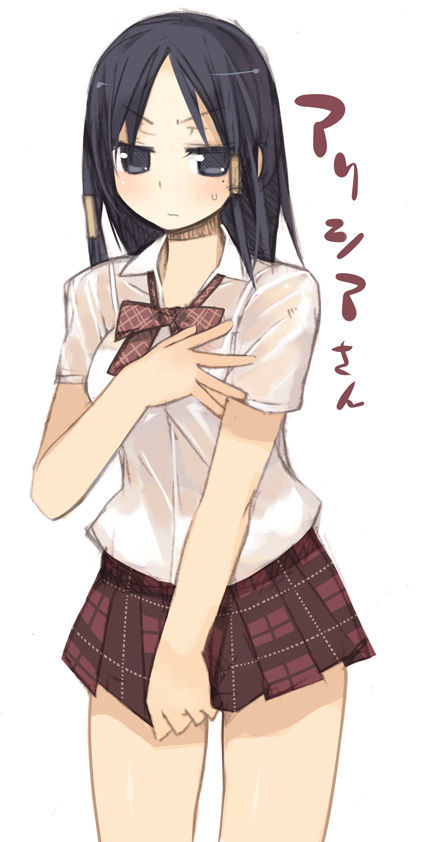 1girl alicia_(bullet_witch) alternate_costume aq_interactive blush bra_strap bullet_witch cavia covering_breasts covering_crotch covering_privates female_focus jitome kashiwamochi_yomogi mole original school_uniform see-through_clothes serafuku skirt skirt_tug solo wet