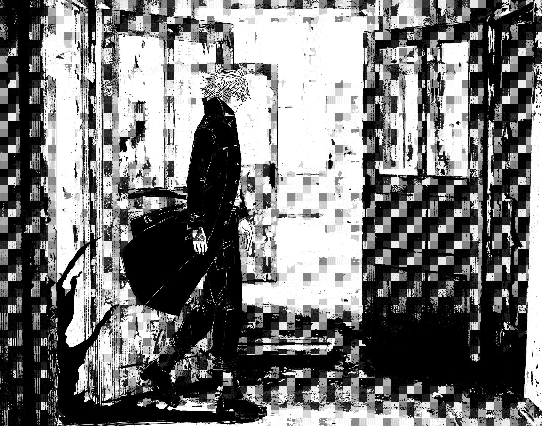 1boy coat command_spell daybit_sem_void door fate/grand_order fate_(series) full_body greyscale highres long_sleeves looking_at_viewer male_focus monochrome pants shoes short_hair solo wakkamaji walking