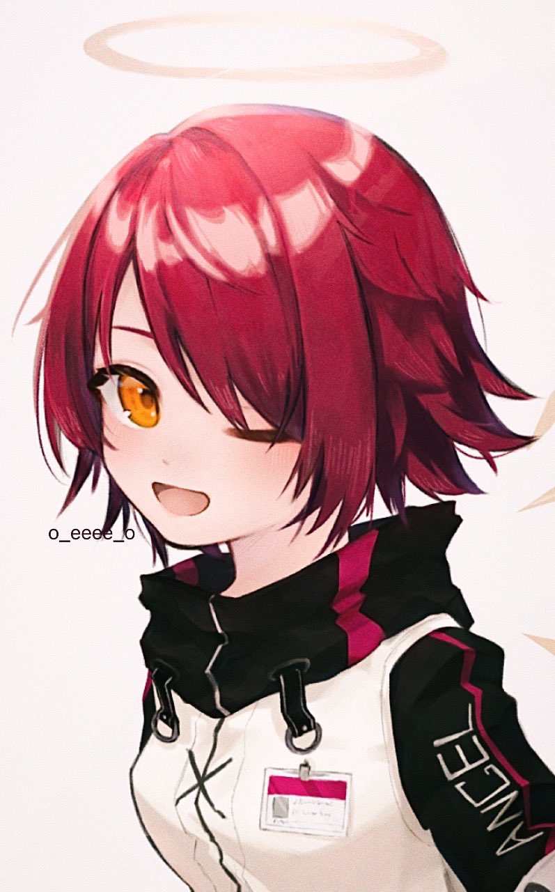 1girl ;d arknights artist_name breasts brown_wings commentary_request detached_wings exusiai_(arknights) grey_background hair_over_one_eye halo highres jacket looking_at_viewer mini_wings o_eeee_o one_eye_closed open_mouth orange_eyes red_hair short_hair simple_background small_breasts smile solo upper_body white_jacket wings