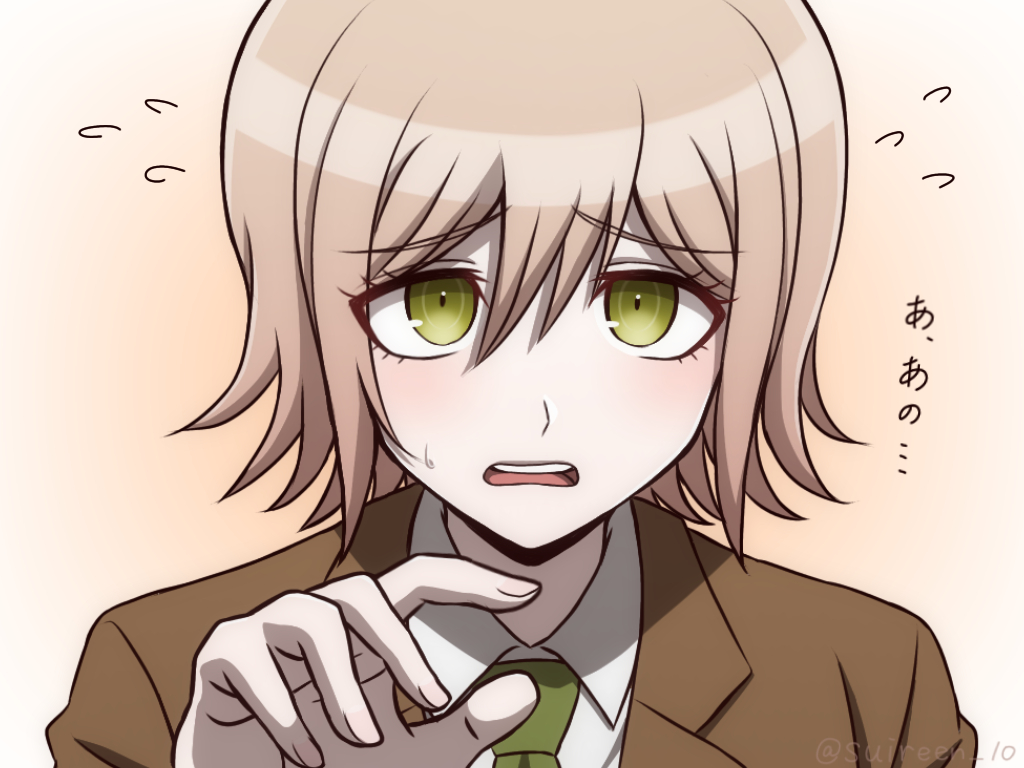 1boy artist_name blonde_hair brown_background brown_jacket collared_shirt commentary_request d: danganronpa_(series) danganronpa_3_(anime) flying_sweatdrops gradient_background green_eyes green_necktie hand_up hope&#039;s_peak_academy_school_uniform jacket male_focus mitarai_ryota necktie open_mouth portrait radial_gradient_background school_uniform shirt short_hair solo suiren_yurei sweat teeth translated twitter_username upper_teeth_only watermark