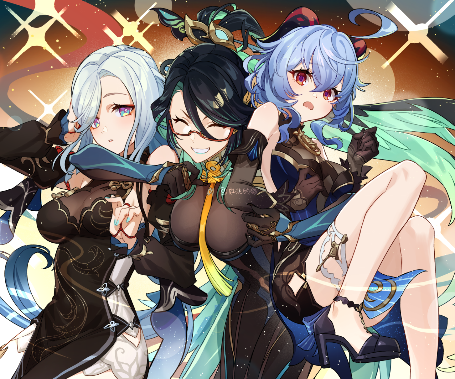 3girls ahoge aqua_lips bare_shoulders bell black_dress black_footwear black_gloves black_hair blue_dress blue_eyes blue_hair breasts chinese_hairpin cleavage colored_inner_hair commentary_request detached_sleeves dress ganyu_(genshin_impact) ganyu_(twilight_blossom)_(genshin_impact) genshin_impact glasses gloves goat_horns green_hair hair_ornament hair_over_one_eye high_heels highres honlo horns hug large_breasts legs long_hair long_sleeves medium_breasts multicolored_hair multiple_girls nail_polish neck_bell official_alternate_costume official_alternate_hairstyle purple_eyes red-framed_eyewear see-through_clothes see-through_cleavage shenhe_(frostflower_dew)_(genshin_impact) shenhe_(genshin_impact) sideless_dress sleeveless sleeveless_dress smile thighs very_long_hair white_hair xianyun_(genshin_impact)