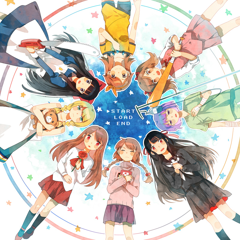 6+girls aki_(misao) aya_drevis bandages baseball_bat black_hair blonde_hair blunt_bangs blush blush_stickers bow braid brown_hair buttons chainsaw closed_eyes collarbone crossover dress flower getiao glowing green_eyes hair_ornament himeno_mikoto ib_(ib) ib_(kouri) intravenous_drip kaii_shoukougun kanzaki_shiori kirisame_ga_furu_mori large_bow long_hair mad_father madotsuki majo_no_ie misao multiple_crossover multiple_girls parted_lips pink_bow pink_shirt purple_hair purple_skirt red_bow red_eyes red_flower red_ribbon red_rose red_skirt ribbon rose school_uniform serafuku shadow shirt short_hair sidelocks skirt stuffed_animal stuffed_toy teddy_bear tenteki_fighter twin_braids viola_(majo_no_ie) yamai_(tenteki_fighter) yume_nikki