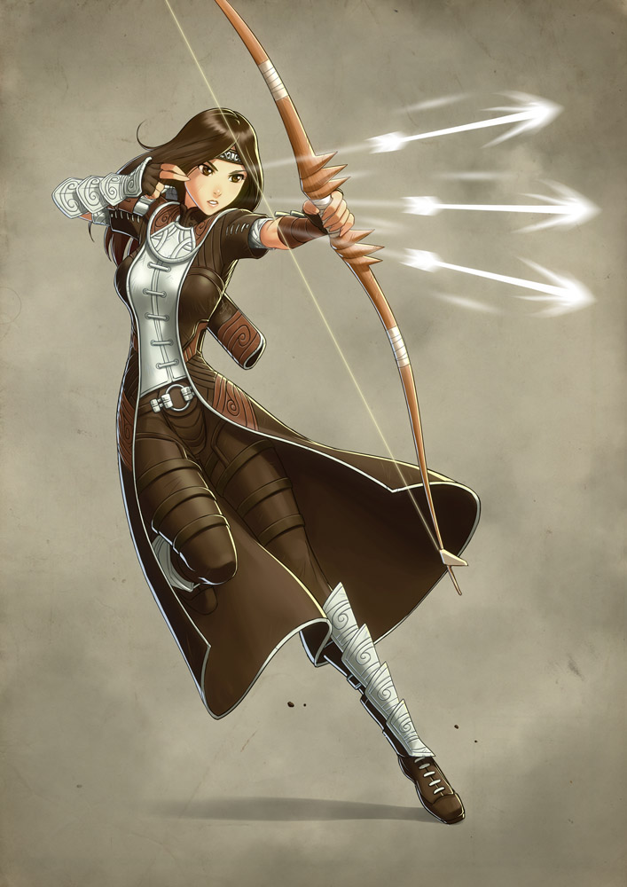 1girl armor arrow_(projectile) bow_(weapon) breasts brown_eyes brown_hair drawing_bow female_focus fingerless_gloves firing gloves greaves guild_wars_(series) guild_wars_1 headband holding holding_bow_(weapon) holding_weapon long_coat pants polarityplus solo vambraces weapon
